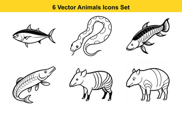 Black vector animal set icons, cute farm and wild silhouettes