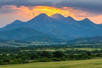 Sunset over majestic mountains scenic landscape nature photography wilderness panoramic view tranquility