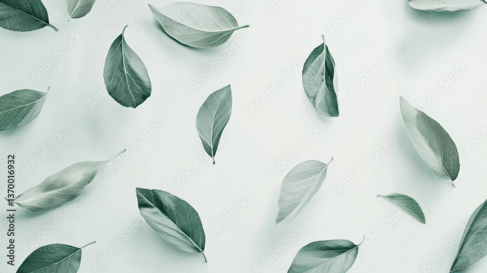 Poster Elegant botanical pattern featuring scattered leaves in soft green hues with a minimalist layout suitable for various design projects