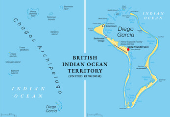 British Indian Ocean Territory, BIOT, political map. Atolls of the Chagos Archipelago in the Indian Ocean with largest island Diego Garcia, the site of a Joint Military Facility of the U.K. and USA. © Peter Hermes Furian