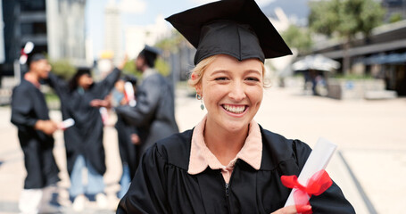 Award, happy woman or portrait of student at graduation for education goal, university or success....
