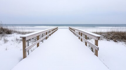 Snowy beach boardwalk leading to the ocean