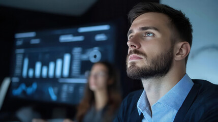 Fototapeta premium Focused man in strategic meeting analyzing data driven insights