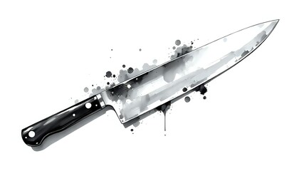 Artistic Black and White Ink Splash Illustration of a Chef's Knife