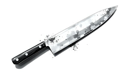 Artistic Black and White Ink Splash Illustration of a Chef's Knife