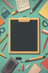 Minimalist illustration with an empty blackboard in the center, surrounded by school supplies