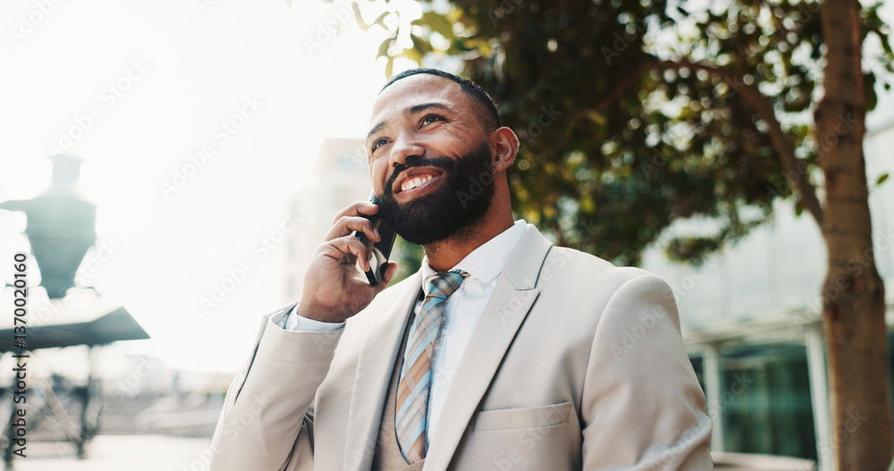 Poster happy, phone call and businessman in city talking for communication, b2b networking and discussion. 