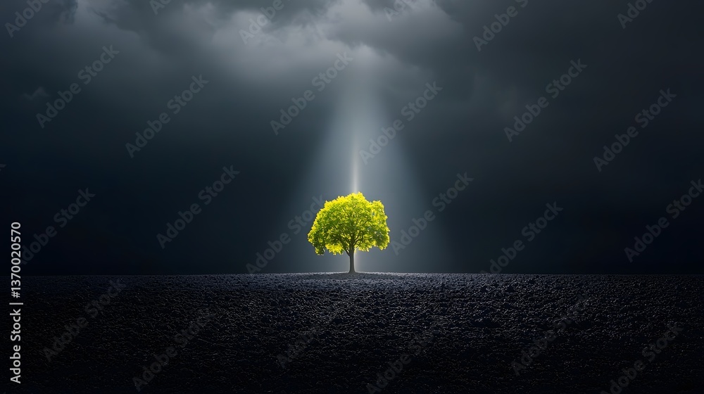 Poster a single vibrant tree stands solitary in the middle of a vast dark field bathed in a mesmerizing bea