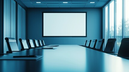 A sleek, modern conference room with a long table, chairs, and a large digital screen for presentations.