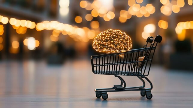 digital ai robot futuristic A shopping cart carries a glowing brain, symbolizing the blend of commerce and intelligence in a vibrant environment.