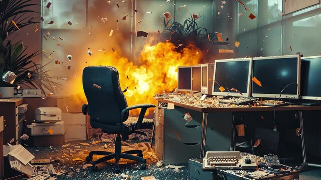 Flames erupt in a chaotic office environment, engulfing furniture and computer equipment while papers and debris are thrown into the air, creating a scene of utter devastation.