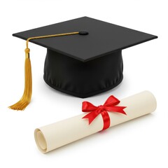 Graduation cap with tassel and diploma tied with red ribbon on a white background studio shot