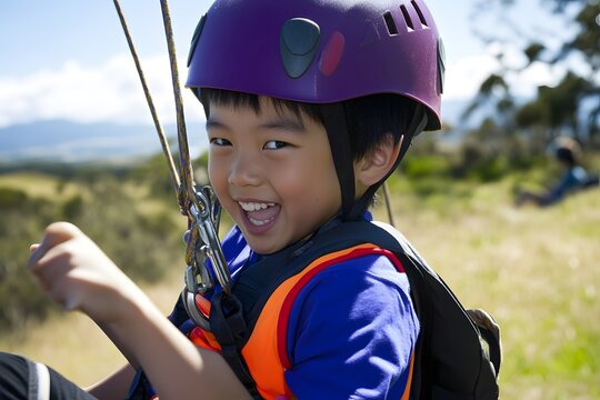 Smiling child, geared up, ready for zip-lining, outdoors, sunny day - Powered by Adobe