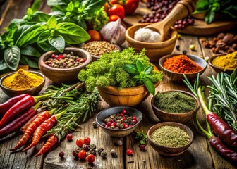 Fototapeta premium Healthy Cooking: Vibrant Herbs & Spices Close-Up Photography - Food, Recipe, Kitchen, Culinary