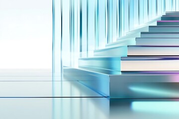 Obraz premium Modern Glass Staircase Design with Elegant Reflections and Iridescent Accents in Bright Interior