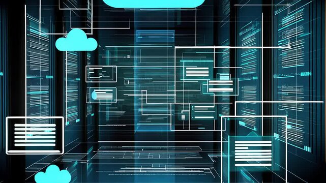 Cloud Computing and Data Storage Concept with Neon Grid, Digital Interface, and Streaming Data

