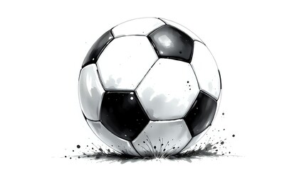 black and white soccer ball with ink splatter, artistic sports illustration on white background