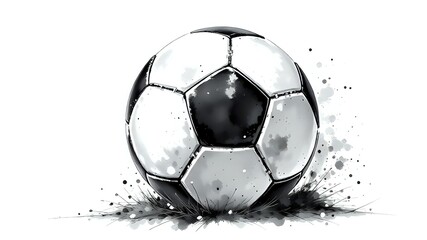 black and white soccer ball with ink splatter, artistic sports illustration on white background