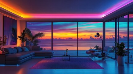 Fototapeta premium Modern Living Room with Ocean View, Colorful LED Lights, Sunset, Relaxing Atmosphere