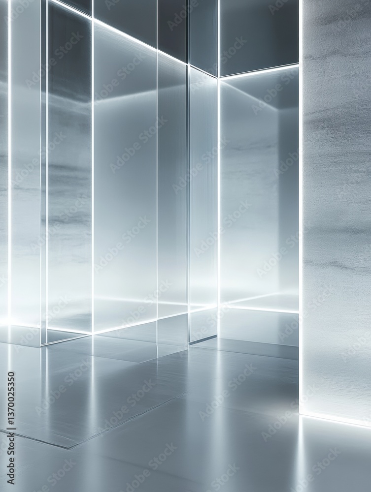 Aufkleber futuristic hall presents illuminated transparent glass panels, creating a modern minimalist experien