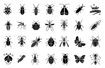Insects icon set. Signs of a variety of insects, butterflies, pests and parasites. Pest control. Vector illustration
