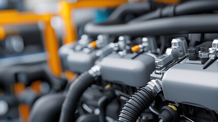 A close-up view of a modern engine showcasing intricate components and mechanical details, emphasizing precision engineering and automotive technology.