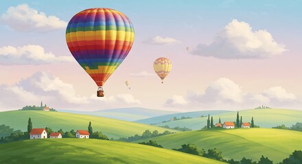 Fototapeta premium Hot air balloon floating above lush green hills, watercolor painting background