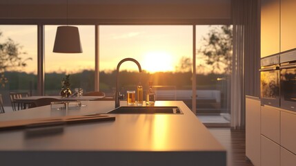 Modern kitchen at sunset, open space, modern design, interior view, perfect for lifestyle, architecture, photography, stock photos