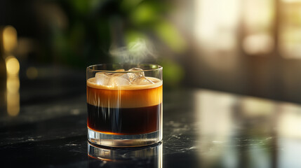 A minimalist high-end product photography shot of a ice bumble coffee (Bumblebee coffee). Orange coffee, tonic, coffee lemonade