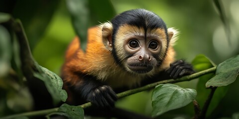 Obraz premium A capuchin monkey carefully navigating the thick vines of the Amazon canopy, its curious eyes scanning the surroundings for food. 