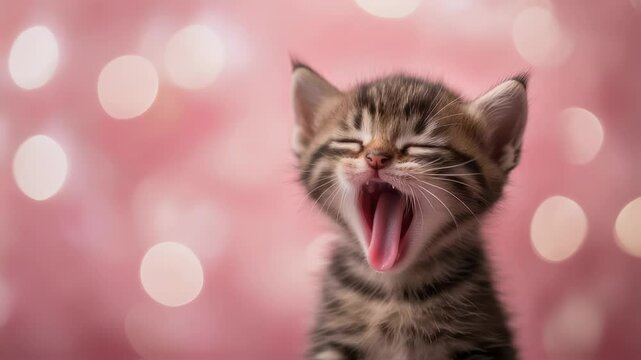 Sweet cute kitten yawns on pink bokeh backdrop. Perfect for pet product promotion or lighthearted content