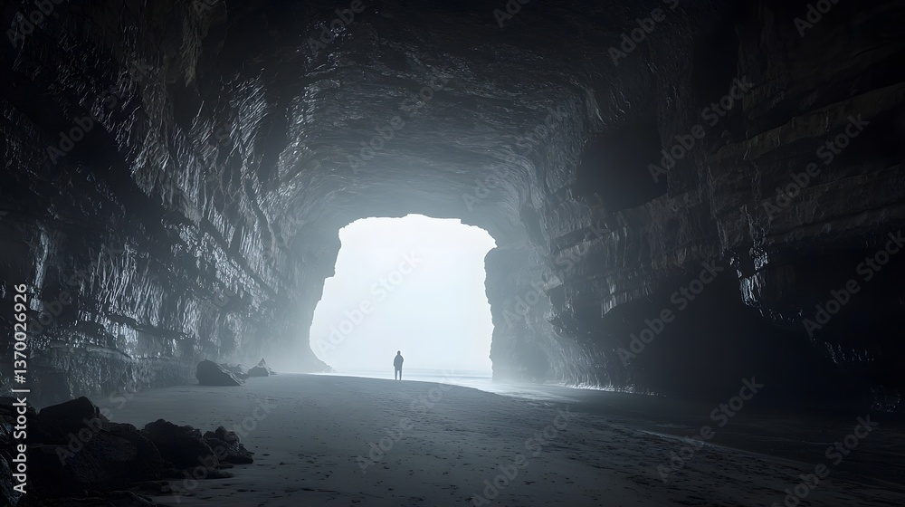 Leinwandbilder a solitary figure stands in the darkness of a cavernous tunnel the distant light at the exit casting