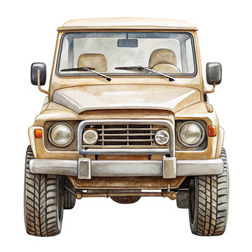 Beige safari car front view watercolor illustration isolated on transparent background  
