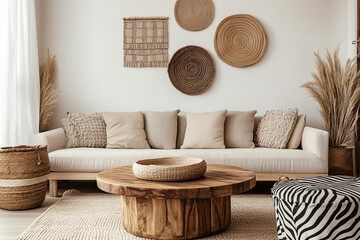 Beige living room interior with a wooden table, beige sofa, and boho decorations on the wall in a template of a geometric pattern