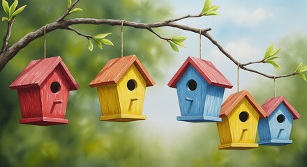 Colorful wooden birdhouses hanging from a tree branch, watercolor painting background