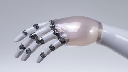 Advanced robotic hand, detailed articulation and seamless design.  A sophisticated prosthetic or robotic appendage, showcasing intricate mechanical components