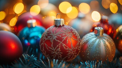Fototapeta premium Colorful Christmas ornaments arranged on a tree with warm white lights glowing in the background