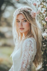 blonde woman in a white long-sleeved dress