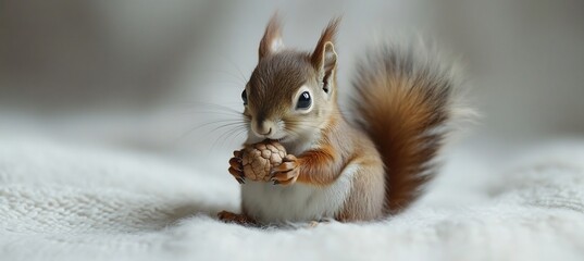  A charming little squirrel holding an acorn, sitting cutely on a white surface. 