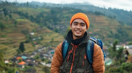 Naklejka premium Adventurous spirit, Young hiker explores mountainous terrain with a smile