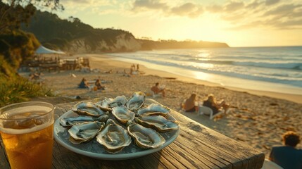 Fresh oysters on a beachside table at sunset.  Beachgoers enjoy the view.  A refreshing beer completes the scene