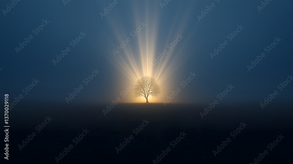 Poster a solitary tree stands in the middle of a dark field its silhouette dramatically illuminated by a su