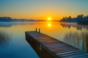 Obraz premium Wooden dock extending into a calm lake at sunrise with trees in the background and reeds nearby transparent background