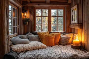 A cozy reading nook features warm lighting and comfortable pillows