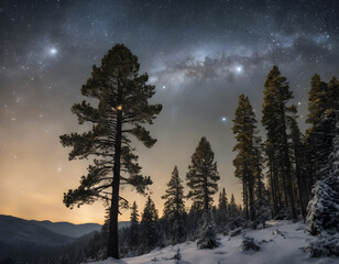 Milky Way over Pine Forest Silhouettes at Night