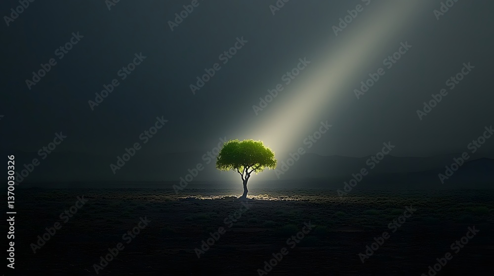 Aufkleber A solitary tree stands in the middle of a vast dark field its silhouette illuminated by a dramatic almost otherworldly beam of light from the heavens creating a surreal and mesmerizing atmosphere