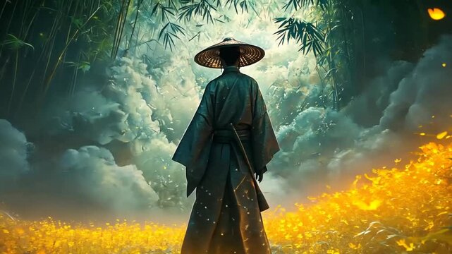 Samurai gazes at ethereal light, bamboo forest, surreal