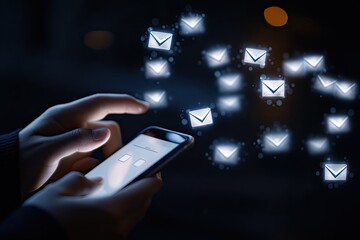 Mobile email communication. Hands interacting with a smartphone, surrounded by floating email icons.  A digital representation of receiving and sending electronic messages