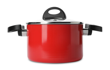 Modern red pot with lid isolated on white