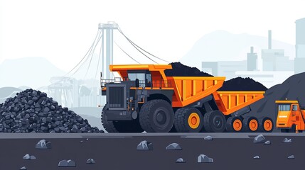 Coal mine production. Professional equipment mining industry transport. 